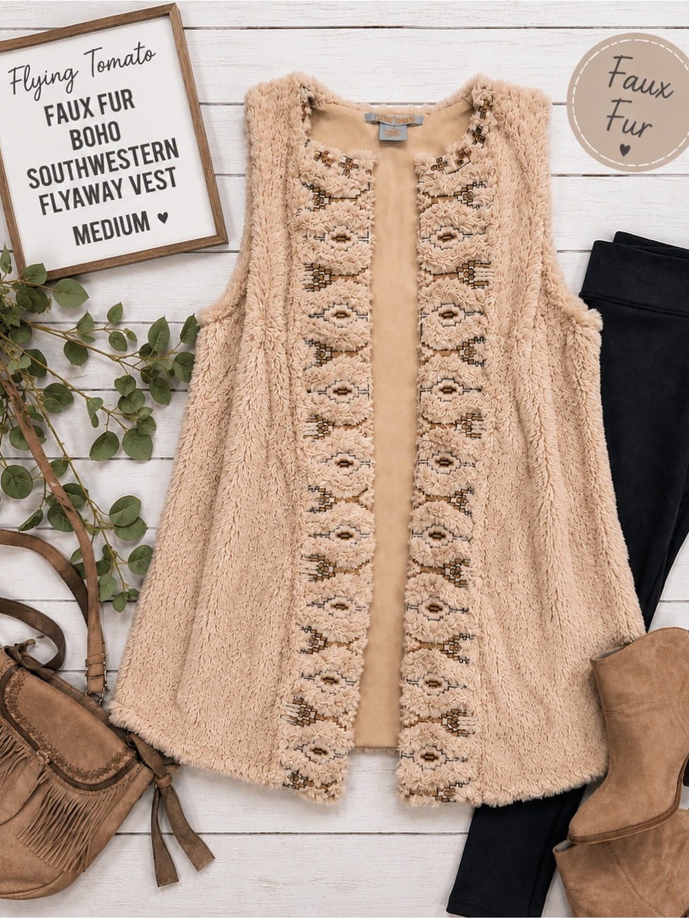 🤎 Flying Tomato Boho Southwestern Faux Fur Flyaway Vest Medium